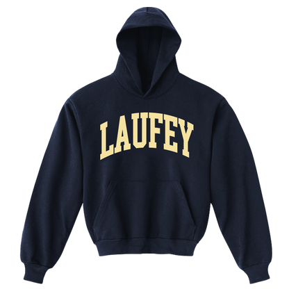 Navy blue hoodie with 'LAUFFEV' printed in yellow on a white background