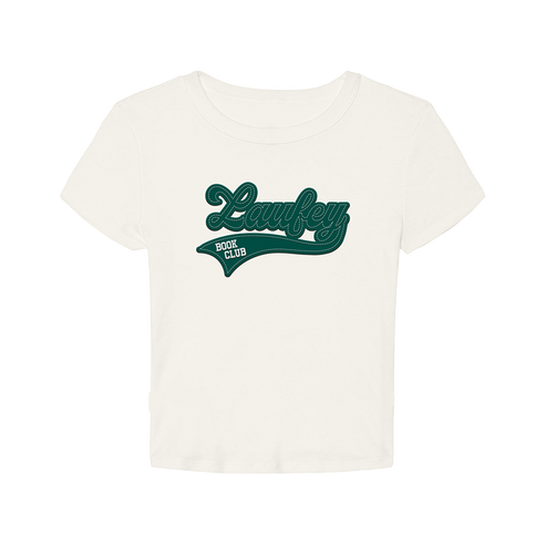An off-white short-sleeve crop top featuring a dark green retro-style 'Laufey Book Club' graphic on the chest, displayed against a solid white background.