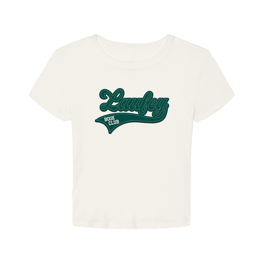 An off-white short-sleeve crop top featuring a dark green retro-style 'Laufey Book Club' graphic on the chest, displayed against a solid white background.