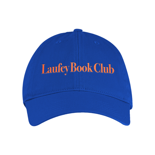 A royal blue baseball cap with 'Laufey Book Club' embroidered in orange across the front, shown against a plain white background.