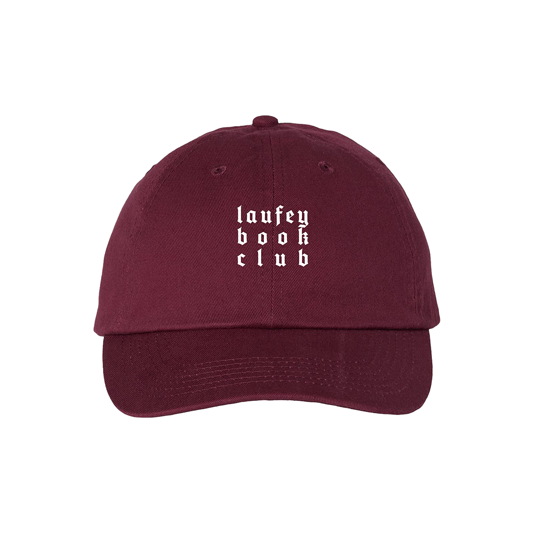 Maroon cap with 'laufey book club' text on a white background