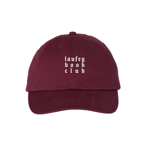 Maroon cap with 'laufey book club' text on a white background