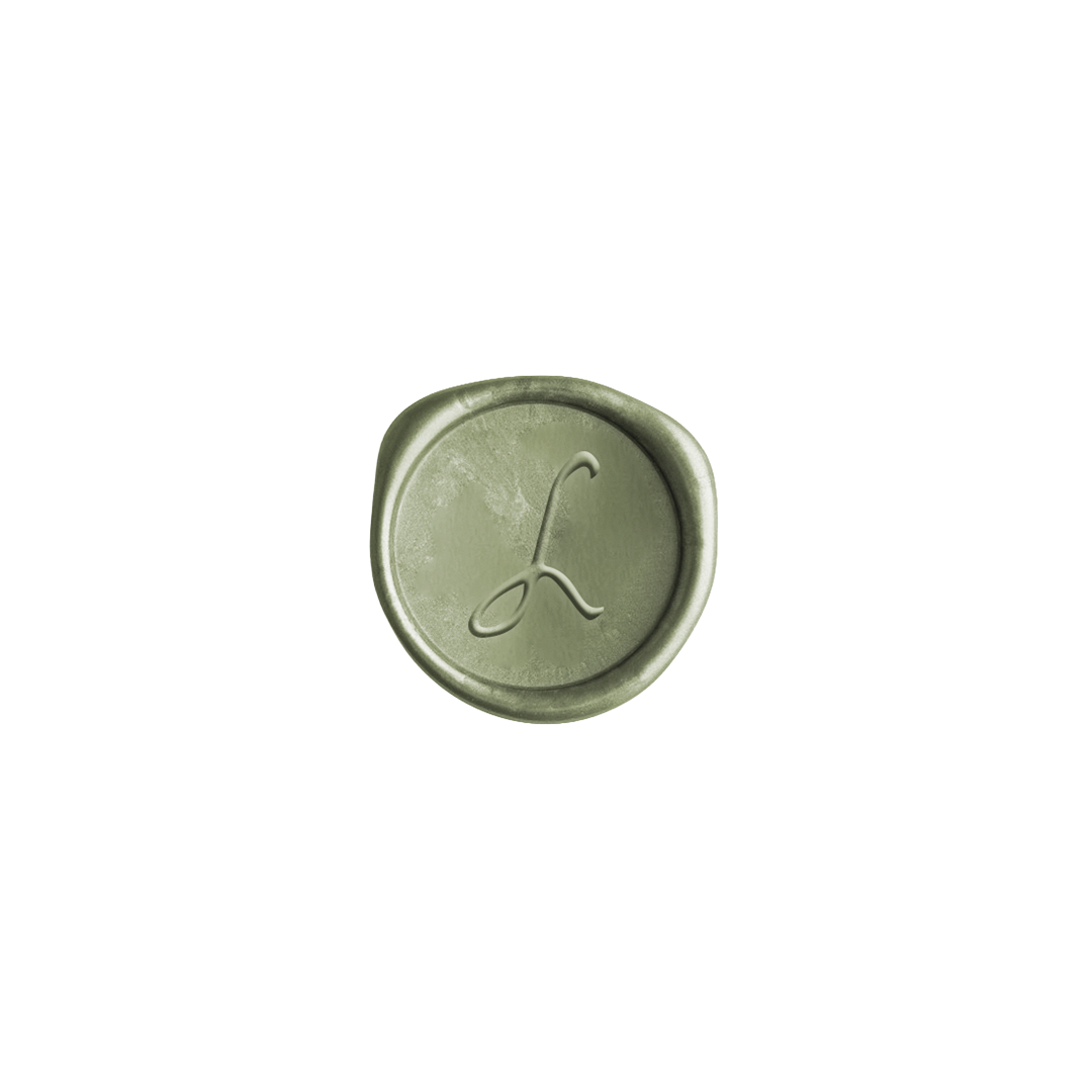 A single oval wax seal with a monogram letter 'L' in the center, shown on a plain white background.