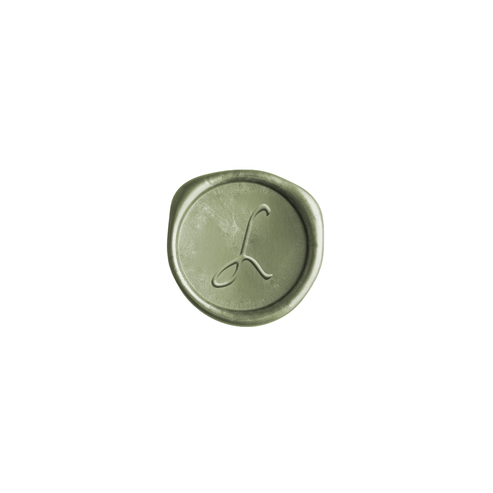 A single oval wax seal with a monogram letter 'L' in the center, shown on a plain white background.