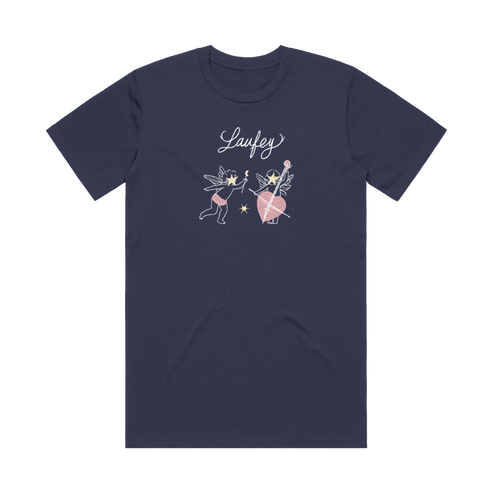 Navy blue t-shirt with fairy and heart design and 'Laufey' text on a white background