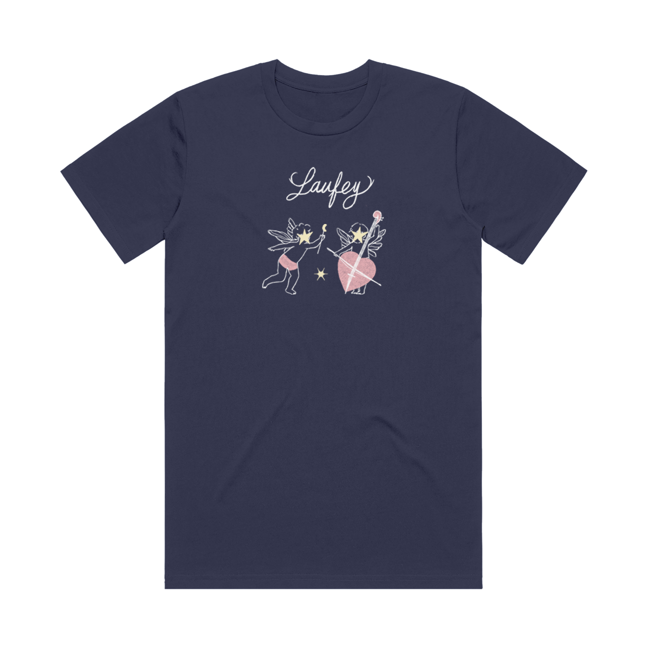 Navy blue t-shirt with fairy and heart design and 'Laufey' text on a white background