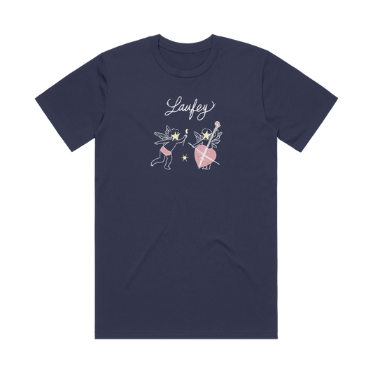 Navy blue t-shirt with fairy and heart design and 'Laufey' text on a white background