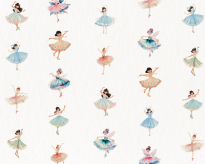 Pattern of ballerina illustrations in pastel colors on a white background